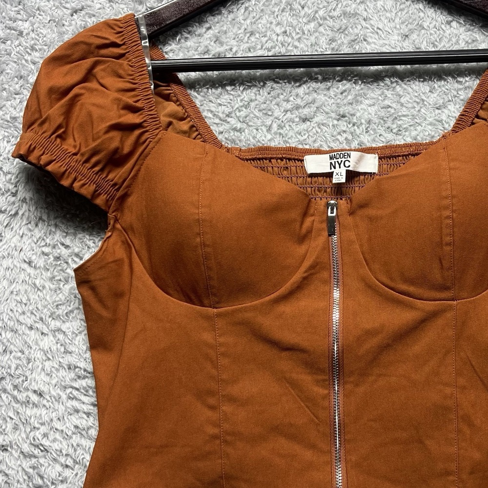 Madden NYC Top XL Rust Brown Corset Bustier Front Zip Puff  Short Sleeve Smocked - Picture 2 of 10